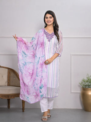 Rajwada Off White Silk Blend Printed Stitched Kurta Set For Women