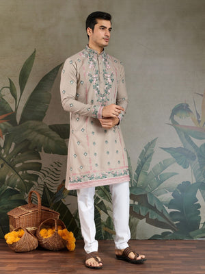 Rajwada Beige Viscose Silk Embroidered Stitched Kurta For Men