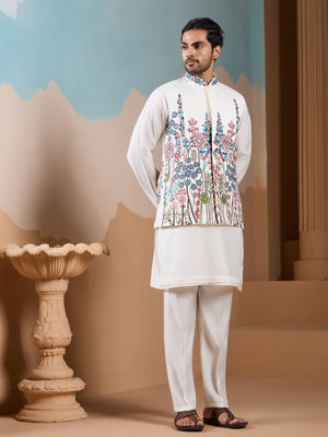 Rajwada White Silk Blend Embroidered Stitched Kurta Set For Men