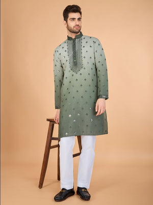 Rajwada Green Viscose Silk Sequins Stitched Kurta For Men