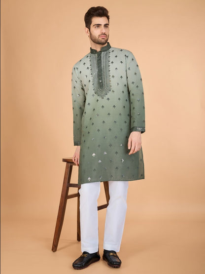 Rajwada Green Viscose Silk Sequins Stitched Kurta For Men