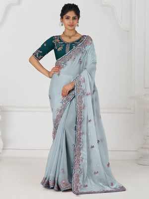 Rajwada Sky Blue Viscose Silk Embroidered Saree For Women