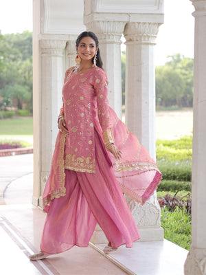 Rajwada Pink Silk Blend Embellished Kurta Set For Women
