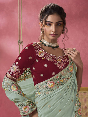Rajwada Sea Green Georgette Embroidered Elegant Saree For Women