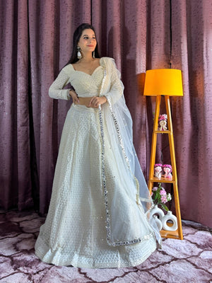 Rajwada White Georgette Mirror Work Semi-Stitched lehenga For Women