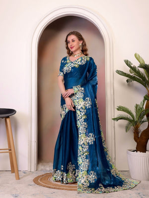Rajwada Teal Blue Organza Embroidered Solid Saree For Women