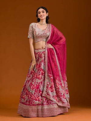 Rajwada Pink Organza Printed Stitched Lehenga Choli For Women