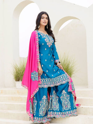 Rajwada Sky Blue Chiffon Embroidered Stitched Kurta Set For Women