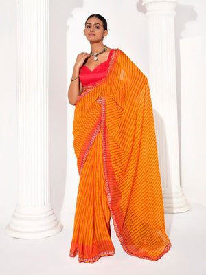 Rajwada Orange Cotton Linen Embellished Striped Saree For Women