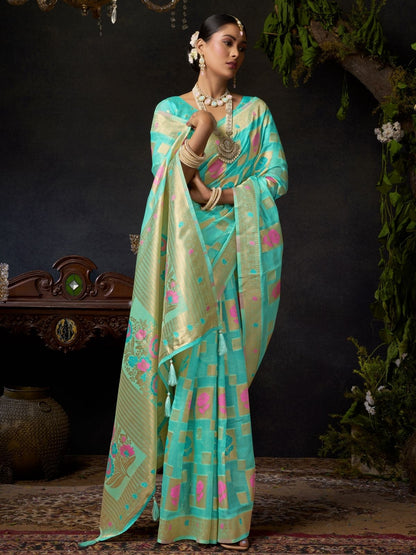 Rajwada Turquoise Blue Organza Solid Saree For Women