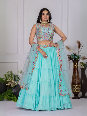 Rajwada Sky Blue Georgette Embroidered Semi-Stitched lehenga For Women