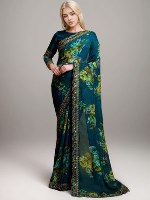 Rajwada Teal Georgette Printed Saree For Women