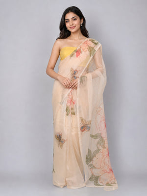 Light Yellow Net Embellished Saree