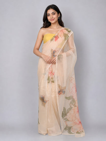 Light Yellow Net Embellished Saree