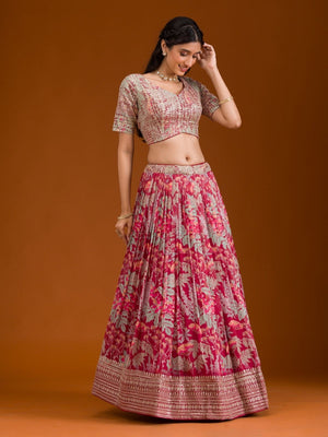 Rajwada Pink Organza Printed Stitched Lehenga Choli For Women