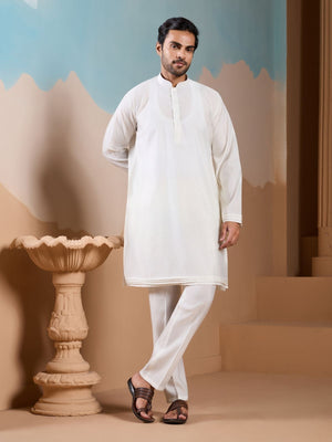 Rajwada White Silk Blend Embroidered Stitched Kurta Set For Men