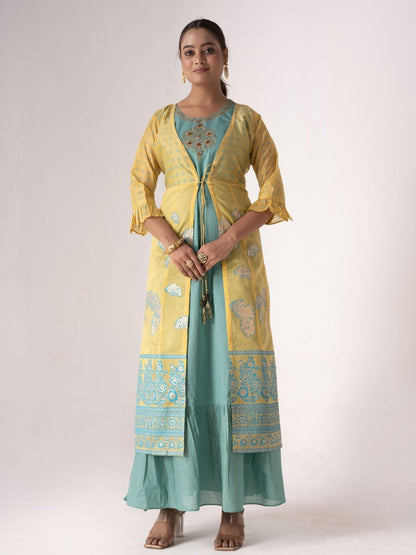 Rajwada Teal Art Silk Designer Embroidered Semi-Stitched Kurta With Shrug For Women