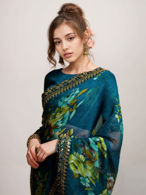 Rajwada Teal Georgette Printed Saree For Women