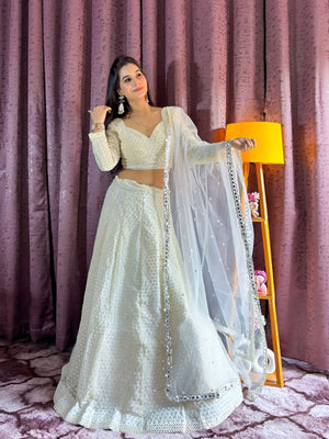 Rajwada White Georgette Mirror Work Semi-Stitched lehenga For Women