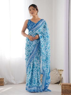 Rajwada Blue Chinon Printed Saree With Unstitched Blouse For Women