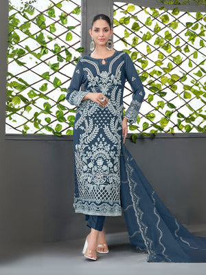 Rajwada Teal Blue Silk Blend Embroidered Semi-Sitched Kurta Set For Women