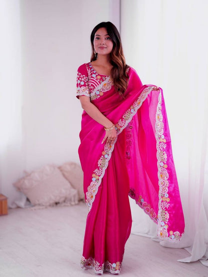 Rajwada Dark Pink Silk Blend Solid Saree For Women
