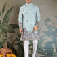 Rajwada Sky Blue Viscose Silk Embroidered Stitched Kurta For Men