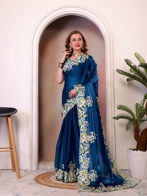 Rajwada Teal Blue Organza Embroidered Solid Saree For Women