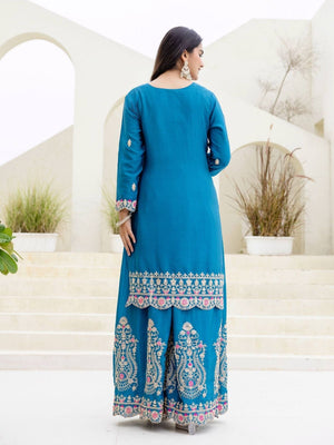 Rajwada Sky Blue Chiffon Embroidered Stitched Kurta Set For Women