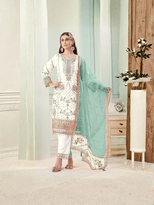 Rajwada White Georgette Embellished Semi Stitched Kurta Set For Women
