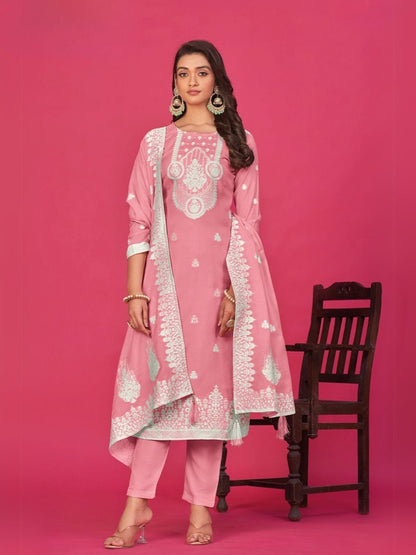 Rajwada Blush Pink Organza Embroidered Semi-Stitched Kurta Set For Women