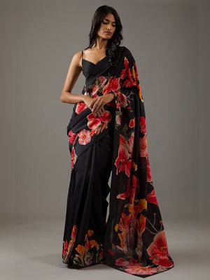 Rajwada Black Georgette Floral Printed Saree With Unstitched Blouse For Women