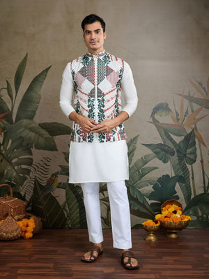 Rajwada White Viscose Silk Embroidered Stitched Kurta For Men