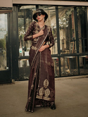 Rajwada Brown Satin Woven Saree With Unstitched Blouse For Women