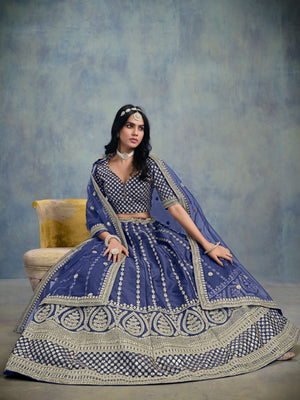 Rajwada Navy Blue Art Silk Embellished Semi-Stitched lehenga For Women
