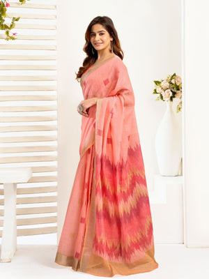 Rajwada Peach Cotton Linen Zari Work Saree For Women