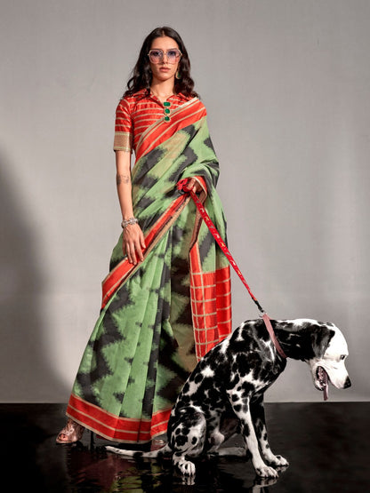Rajwada Green Silk Blend Woven Saree With Unstitched Blouse For Women