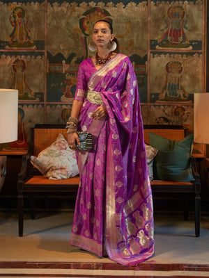 Rajwada Purple Silk Blend Woven Saree With Unstitched Blouse for Women