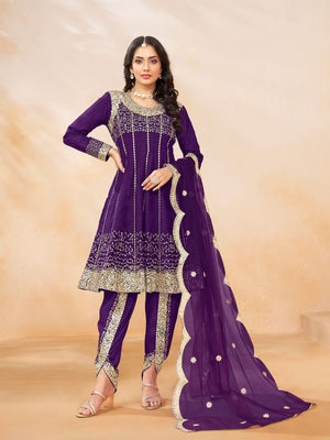 Rajwada Purple Art Silk Embellished Semi Stitched Kurta Set For Women