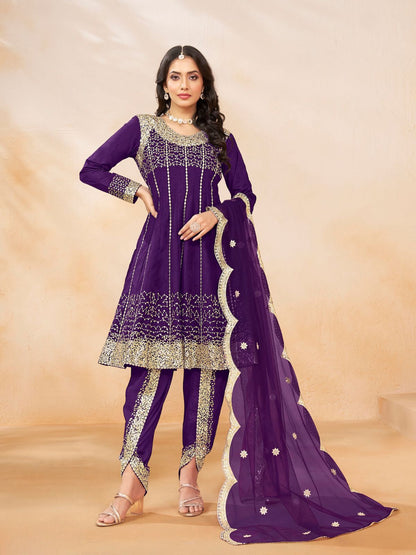 Rajwada Purple Art Silk Embellished Semi Stitched Kurta Set For Women