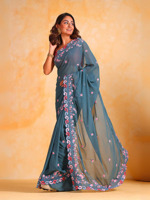 Rajwada Teal  Georgette Embroidered Saree With Unstitched Blouse For Women