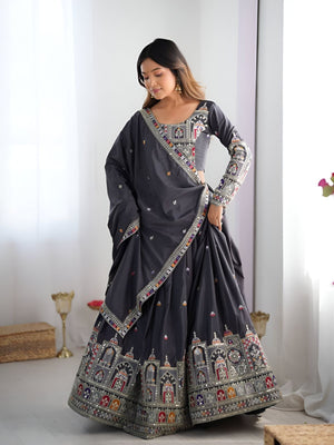 Rajwada Grey Silk Blend Embroidered Semi-Stitched lehenga For Women
