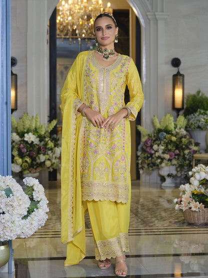 Rajwada Yellow Chinon Embroidered Semi-Stitched Kurta Set For Women