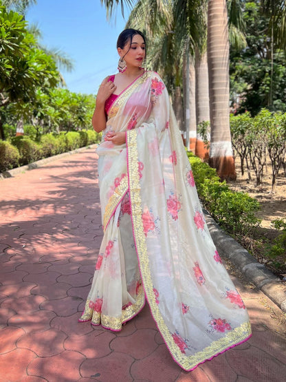 Rajwada Light Green Organza Printed Saree With Unstitched Blouse For Women