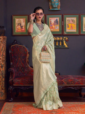 Rajwada Green Silk Blend Woven Saree With Unstitched Blouse For Women