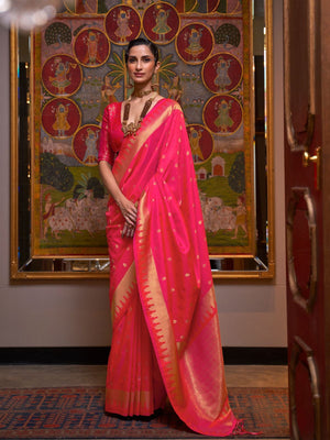 Rajwada Pink Silk Blend Woven Saree With Unstitched Blouse for Women