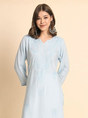 Rajwada Sky Blue Rayon Embroidered Kurti For Women