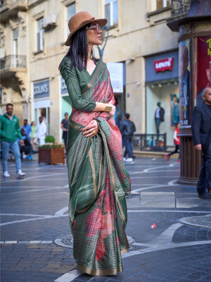 Rajwada Green Poly Viscose Printed Saree With Unstitched Blouse For Women