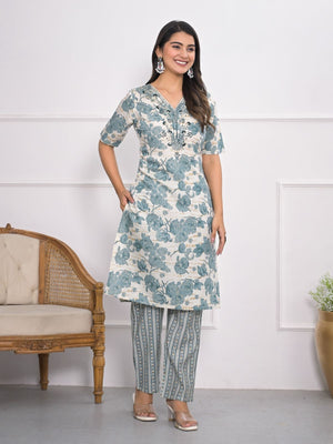 Rajwada Off White And Blue Chanderi Embroidered And Printed Stitched Kurta Set Without Dupatta For Women