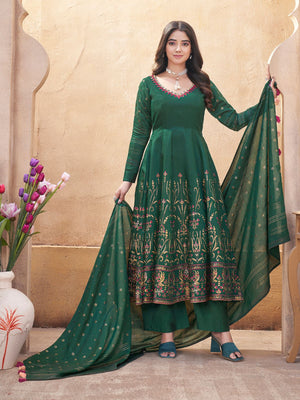 Rajwada Dark Green Silk Blend Printed Stitched Kurta Set For Women